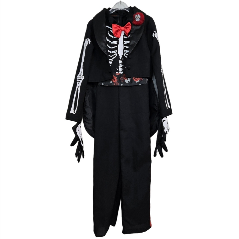 Kids Black Skeleton Tuxedo Costume W/ Red Bow Tie & Gloves, Size 7 ~ NWT